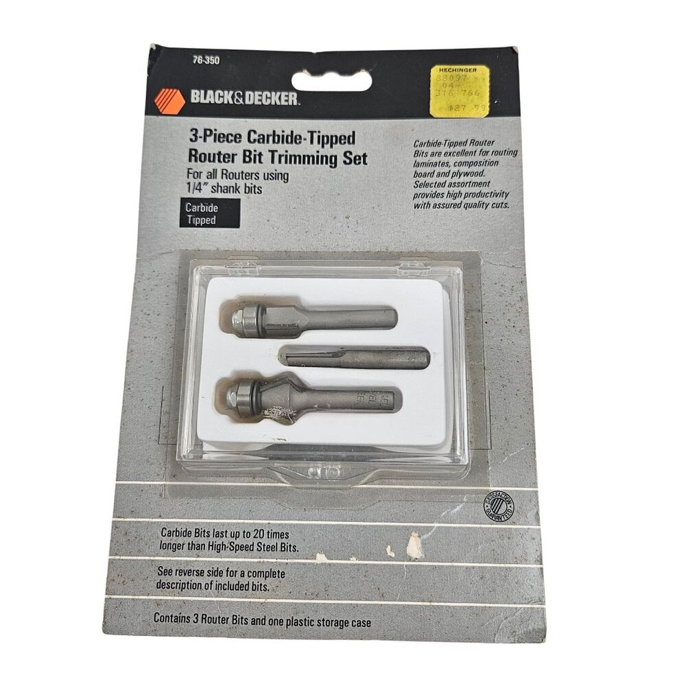 Black Decker 3 Piece Carbide Tipped Router Bit Trimming Set 76350 Storage Case N